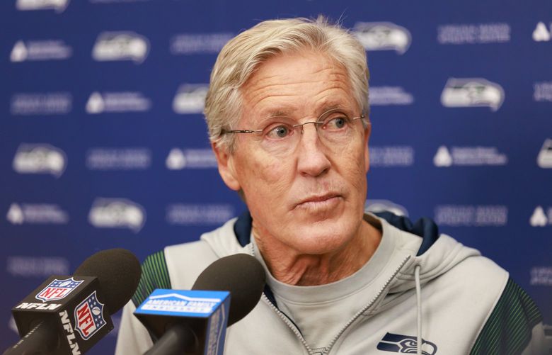 Seattle Seahawks coach Pete Carroll speaks at the team’s headquarters in Renton, Wash. Friday, May 6, 2022. 220314