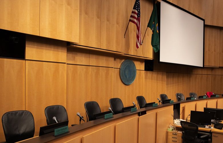 Seven seats on the nine member  Seattle City Council’s district seats are up for grabs this year. Four council members are not running for re-election. Shot in Seattle City Council chambers Friday, April 5, 2019. 209855