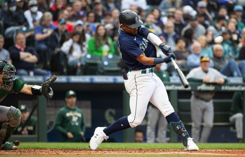 Julio Rodriguez drives a 3-run homer to right-center in the third inning Monday giving Seattle a 3-0 lead over the As.

The Oakland A’s played the Seattle Mariners Monday, May 23, 2022 at T-Mobile Park, in Seattle, WA. 220457