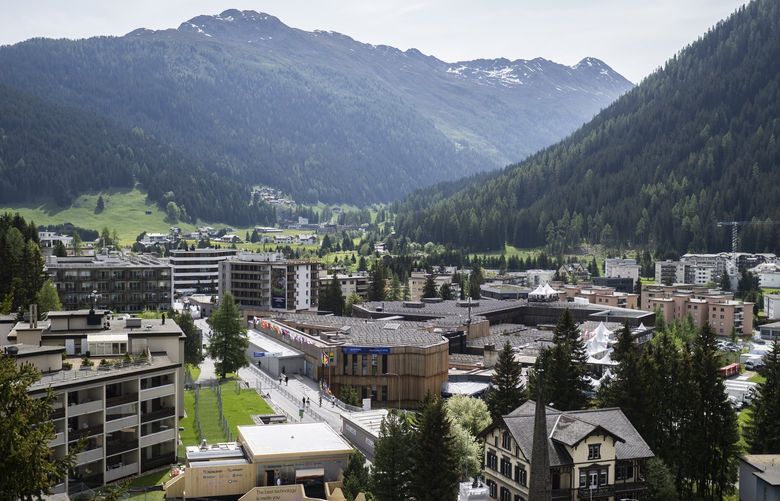 A view of Davos and its congress center prior to the annual meeting of the World Economic Forum, Switzerland, Sunday, May 22, 2022. (Gian Ehrenzeller/Keystone via AP) DAV802 DAV802