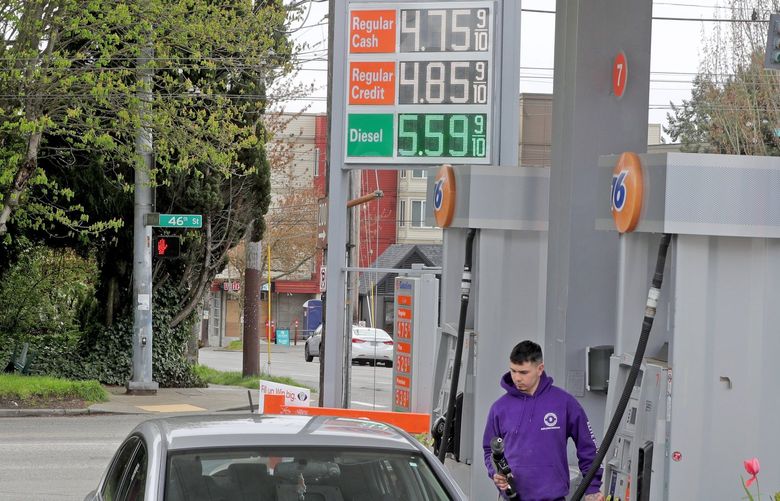 Gas prices are hovering near $5.00 a gallon. Diesel fuel, in green, is even higher. This station in Fremont is at N 46th street and Fremont Ave N. 220097