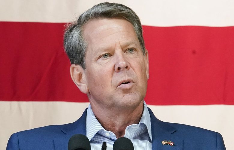 Georgia Gov. Brian Kemp speaks during a Get Out the Vote Rally, on Monday, May 23, 2022, in Kennesaw, Ga. Pence is opposing former President Donald Trump and his preferred Republican candidate for Georgia governor, former U.S. Sen. David Perdue. (AP Photo/Brynn Anderson) GABA101 GABA101