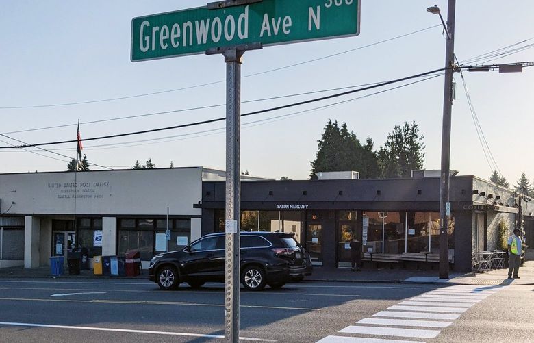 This unsanctioned crosswalk showed up in September 2021 on Greenwood Avenue North at North 83rd Street in Seattle. It was removed this month by the Seattle Department of Transportation.