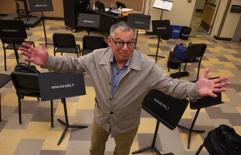 Scott Brown, longtime Roosevelt High School jazz band director, seen before a practice Tuesday, May 24, 2022 in Seattle, is retiring.