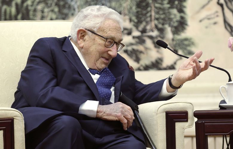 Former U.S. Secretary of State Henry Kissinger speaks during a meeting with Chinese Foreign Minister Wang Yi (not pictured) at the Great Hall of the People in Beijing, Friday, Nov. 22, 2019. (Jason Lee/Pool Photo via AP)
