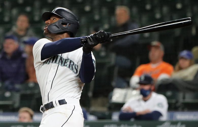 Mariners outfielder Kyle Lewis at bat against the Tigers, Monday, May 17, 2021 in Seattle.  217160