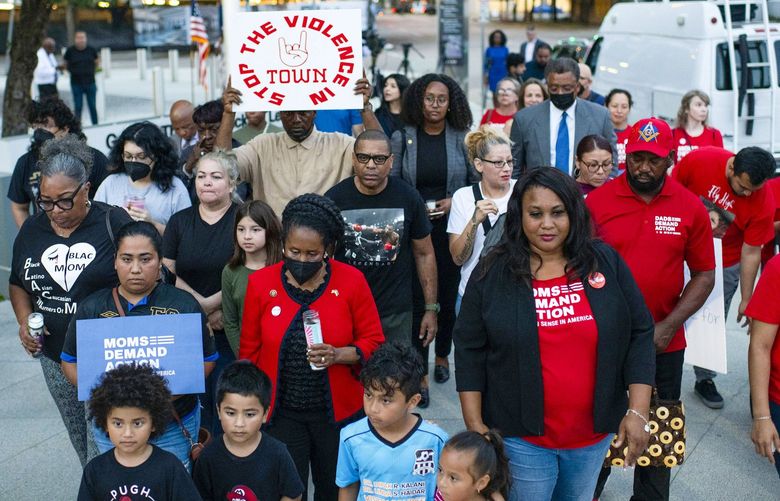 Mourners attend a prayer vigil in Houston for victims of the school shooting that left at least 19 children dead in Uvalde, Texas on Tuesday, May 24, 2022. Time after time for more than a decade, Democrats in Congress have proposed gun restrictions and faced unyielding Republican opposition. (Mark Felix / The New York Times) XNYT220