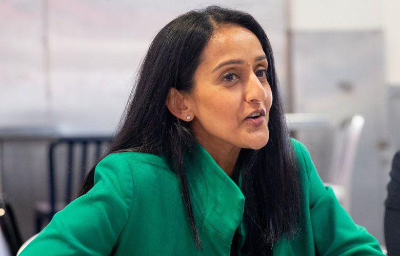 Associate Attorney General Vanita Gupta meets with advocates of a writer’s guild to discuss antitrust issues at Grand Central Market in Los Angeles. MUST CREDIT: Photo for The Washington Post by Allison Zaucha