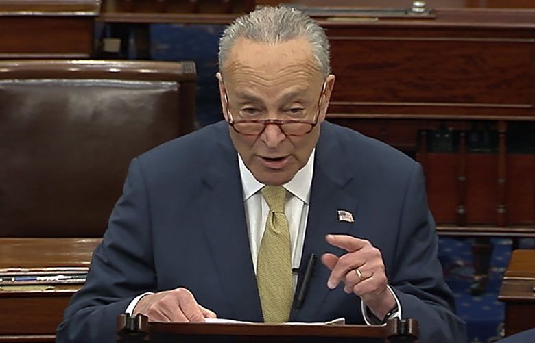 In this image from Senate Television, Senate Majority Leader Chuck Schumer of New York, speak on the Senate floor, Wednesday, May 25, 2022 at the Capitol in Washington.  Schumer has quickly set in motion a pair of firearms background check bills in response to the school massacre in Texas. But the Democrat acknowledged Wednesday the refusal for years of Congress to pass any legislation aiming to curb a national epidemic of gun violence.  (Senate Television via AP) WX201 WX201