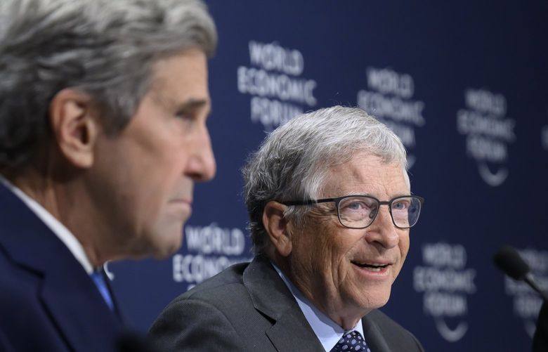 John F. Kerry, Special Presidential Envoy for Climate of the United States of America, left, and William H. Gates, Co-Chair, Bill & Melinda Gates Foundation, USA, right, attends a Press Conference on First Movers Coalition Announce Expansion, during the 51st annual meeting of the World Economic Forum, WEF, in Davos, Switzerland, on Wednesday, May 25, 2022. The forum has been postponed due to the Covid-19 outbreak and was rescheduled to early summer. The meeting brings together entrepreneurs, scientists, corporate and political leaders in Davos under the topic “History at a Turning Point: Government Policies and Business Strategies” from 22 – 26 May 2022. (Gian Ehrenzeller/Keystone via AP) MAS232 MAS232