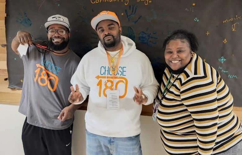 CHOOSE 180 staff Alvin Lowe, Cortez Charles, and Lamaria Pope met  with students at Tyee High School Community Day in March 2022.  Topics included the school-to-prison pipeline and CHOOSE 180 programs that are provided to students at the school.