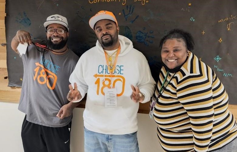 CHOOSE 180 staff Alvin Lowe, Cortez Charles, and Lamaria Pope met with students at Tyee High School Community Day in March 2022. Topics included the school-to-prison pipeline and CHOOSE 180 programs that are provided to students at the school.