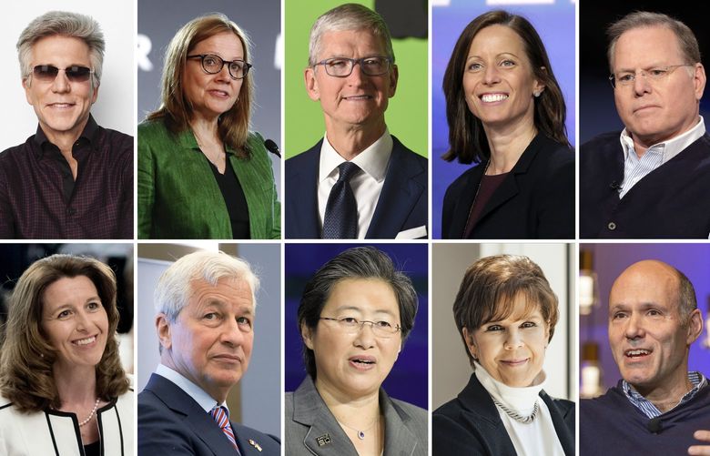 This combination photo shows the highest paid male and female CEOs in the S&P 500 index for 2021, as calculated by The Associated Press and Equilar, an executive data firm. Top row, from left, Bill McDermott of ServiceNow, Mary Barra of General Motors, Tim Cook of Apple, Adena Friedman of Nasdaq, and David Zaslav of Warner Bros. Discovery. Bottom row, from left, Kathy Warden of Northrop Grumman, Jamie Dimon of JPMorgan Chase, Lisa Su of Advanced Micro Devices, Phebe Novakovic of General Dynamics, and Peter Kern of Expedia Group. The median pay package for the CEOs of the biggest U.S. companies rose 17.1% in 2021 as the economy rebounded and company profits and stock prices jumped. (AP Photo) NYAB260 NYAB260