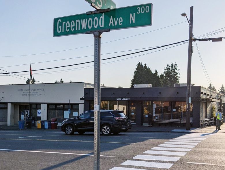 This unsanctioned crosswalk showed up in September 2021 on Greenwood Avenue North at North 83rd Street in Seattle. It was removed this month by the Seattle Department of Transportation.  (Ben Scott / The Seattle Times)