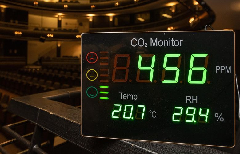 A CO2 monitor shows the actual ppm in the theatre during preparations by the Koninklijke Vlaamse Schouwburg theatre to organize a COVID-proof event, Friday, April 23, 2021, in Brussels. (James Arthur Gekiere/Belga Mag/AFP/Getty Images/TNS) 48866323W 48866323W