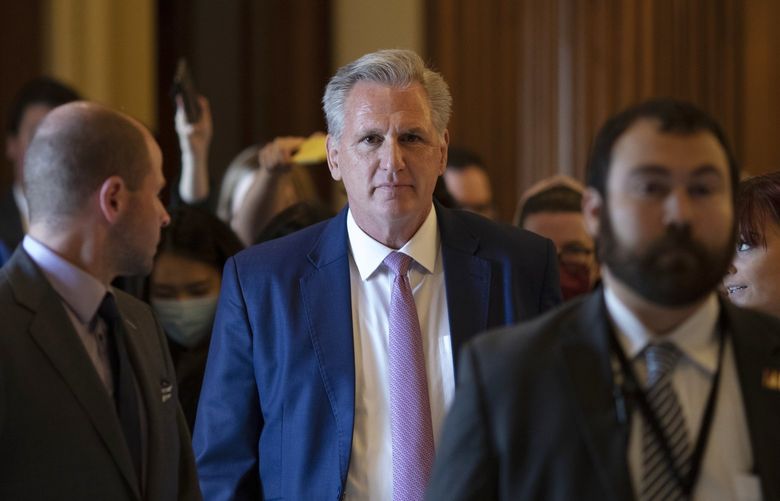 FILE – House Minority Leader Kevin McCarthy (R-Calif.) on Capitol Hill in Washington, May 12, 2022. McCarthy and three other House Republicans – Reps. Jim Jordan of Ohio, Scott Perry of Pennsylvania and Andy Biggs of Arizona – signaled on May 26 that they would not cooperate with subpoenas from the committee investigating the Jan. 6 attack on the Capitol. (Tom Brenner/The New York Times) XNYT185 XNYT185
