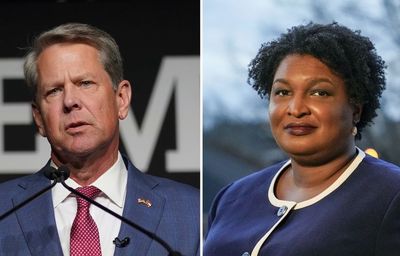 This combination image shows Georgia Gov. Brian Kemp Tuesday, May 24, 2022, in Atlanta, left, and Georgia Democratic candidate Stacey Abrams on Dec. 16, 2021, in Decatur, Ga. The governor’s race in Georgia between Republican incumbent Kemp and Democratic challenger Abrams promises to be a brutal battle that will further amp up the state’s charged political environment. (AP Photo) BKWS301 BKWS301