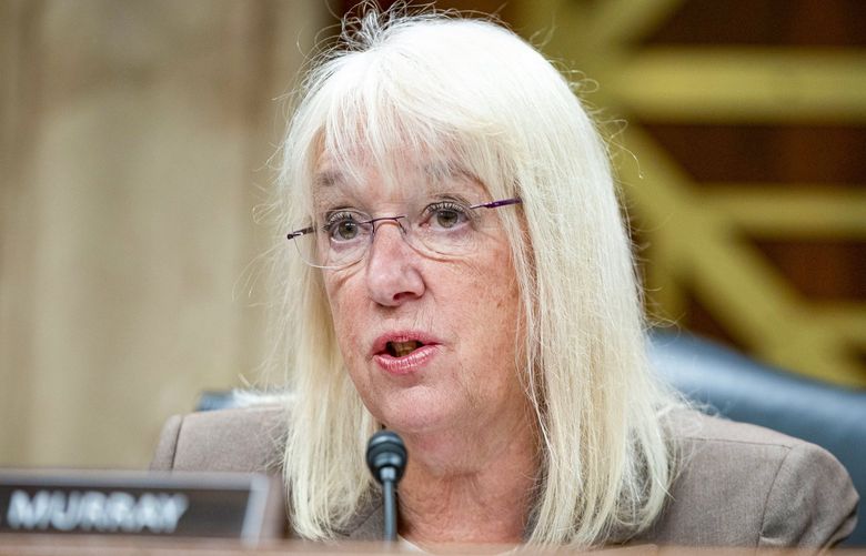 FILE – In this June 9, 2021, file photo, Sen. Patty Murray, D-Wash., speaks during a Senate Appropriations Subcommittee hearing on Capitol Hill in Washington. Murray who was elected in 1992 as a self described “mom in tennis shoes,” has been fighting for paid family and medical leave for decades. For much of this year she appeared to be close to winning. (Al Drago/Pool via AP, File) WX115