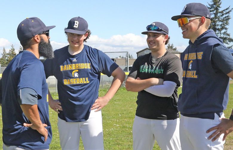 Bainbridge High School boys baseball team meet Friday, May 20 before heading to State competition.
Bainbridge High baseball coach Geoff Brown, left, with seniors Tommy Lockyear, Zach Duffy and Breckin Hadley. 220446
