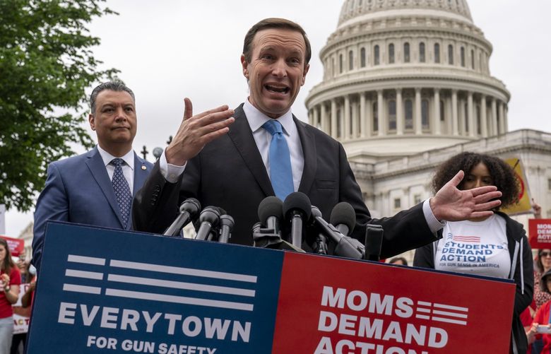 Sen. Chris Murphy, D-Conn., a gun control advocate, is joined at left by Sen. Alex Padilla, D-Calif., as they speak to activists demanding action on gun control legislation after a gunman killed 19 children and two teachers in a Texas elementary school this week, at the Capitol in Washington, Thursday, May 26, 2022. (AP Photo/J. Scott Applewhite) DCSA114 DCSA114