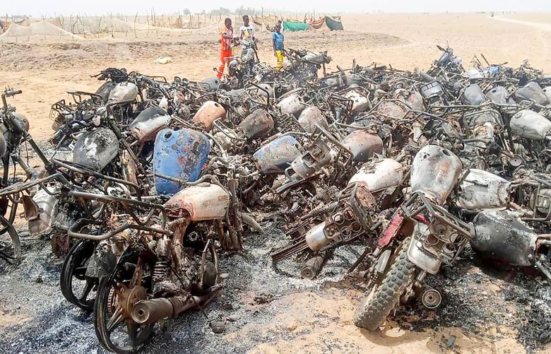 In an undated image provided to The New York Times, a location where dozens of motorcycles were burned in March in the town of Moura in Mali. Civilian deaths have spiked in Mali since Russian mercenaries of the Wagner Group began operating alongside the military — in late March, hundreds were executed in the village of Moura.