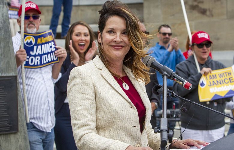 FILE – Lt. Gov. Janice McGeachin announces her candidacy to become governor of Idaho at a rally on May 19, 2021, in Boise, Idaho. Republican McGeachin, who is running for governor, has a $2,000 budget deficit in her office that will have to come out of the following year’s appropriation. Documents obtained by The Associated Press show the state controller planning to withhold McGeachin’s salary this fiscal year that ends June 30, 2022, and then make up that pay next year. (Darin Oswald/Idaho Statesman via AP, File) IDBOI101 IDBOI101