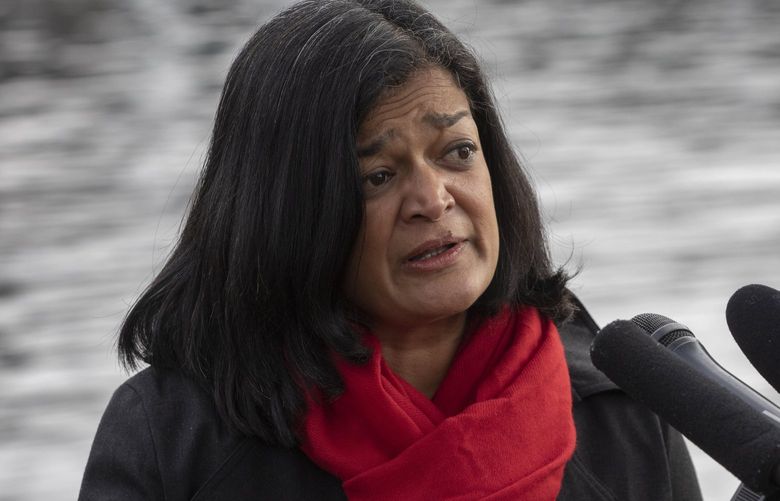U. S. Representative Pramila Jayapal stands underneath the ailing I-5 Ship Canal Bridge (not in photo) at North Passage Point Park in Seattle.  She was there to discuss a huge boost in federal bridge funds, off the president’s Bipartisan Infrastructure Framework recently passed by Congress, shot Wednesday, January 26, 2022.  The increase in federal aid will help Washington state do more bridge maintenance all over the state.

 219434