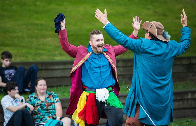 Benjamin McFadden as Sir Andrew Aguecheek and Eric Ray Anderson as Sir Toby Belch in Seattle Shakespeare Company’s 2019 production of “Twelfth Night.”