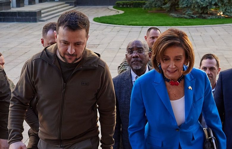 Speaker of the U.S. House of Representatives Nancy Pelosi, right, is escorted by Ukrainian President Volodymyr Zelenskyy, as she arrives with a congressional delegation at the Mariyinsky palace, May 1, 2022, in Kyiv, Ukraine. Pelosi is the highest-ranking elected U.S. official to visit Kyiv since the Russian invasion. (Ukraine Presidency/Ukraine Presi/Planet Pix via ZUMA Press Wire/TNS) 46750479W 46750479W