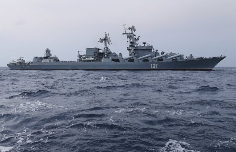 FILE – In this photo provided by the Russian Defense Ministry Press Service, Russian navy missile cruiser Moskva is on patrol in the Mediterranean Sea near the Syrian coast on Dec. 17, 2015. (Russian Defense Ministry Press Service via AP, File)