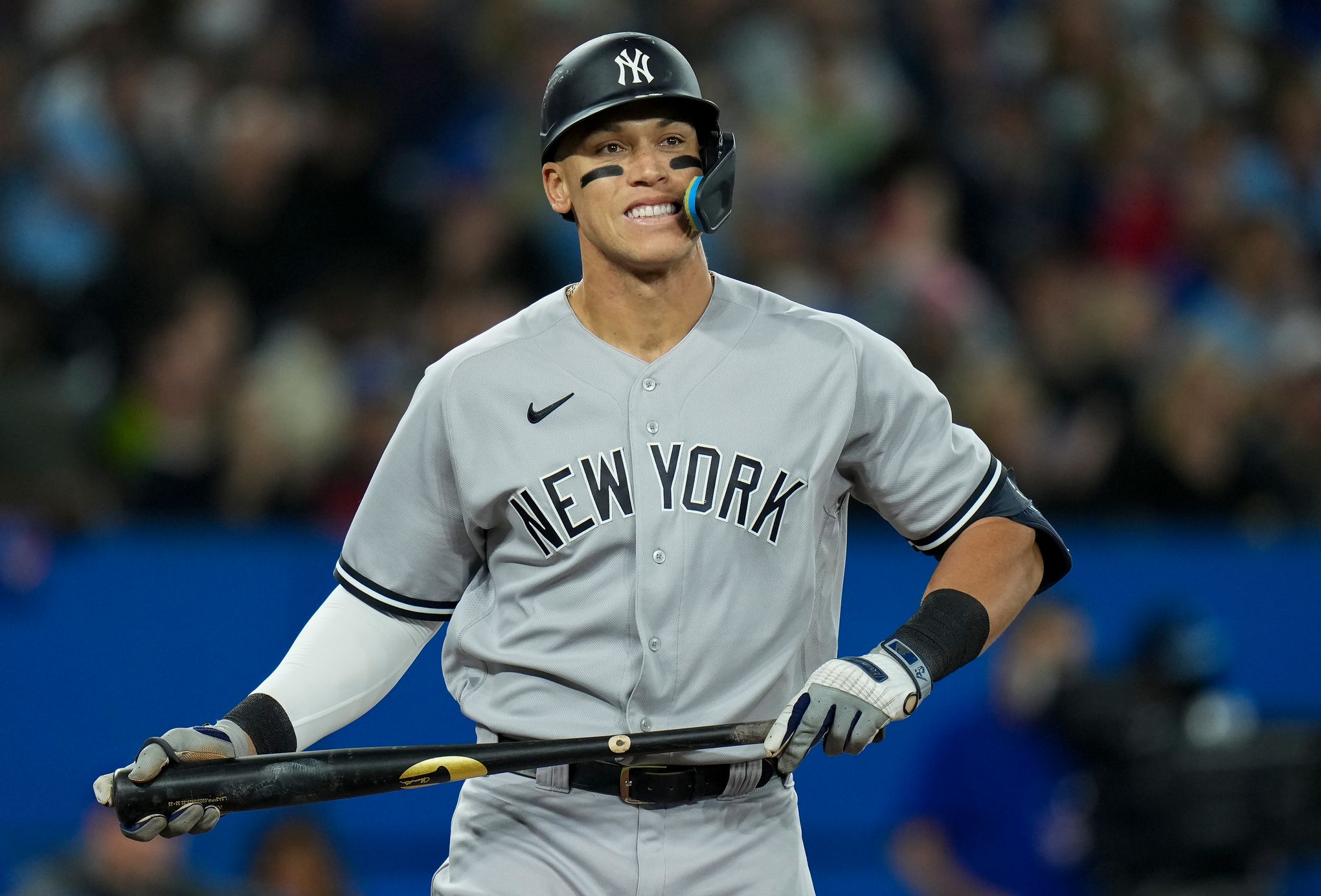 Marwin Gonzalez of the New York Yankees reacts after reaching