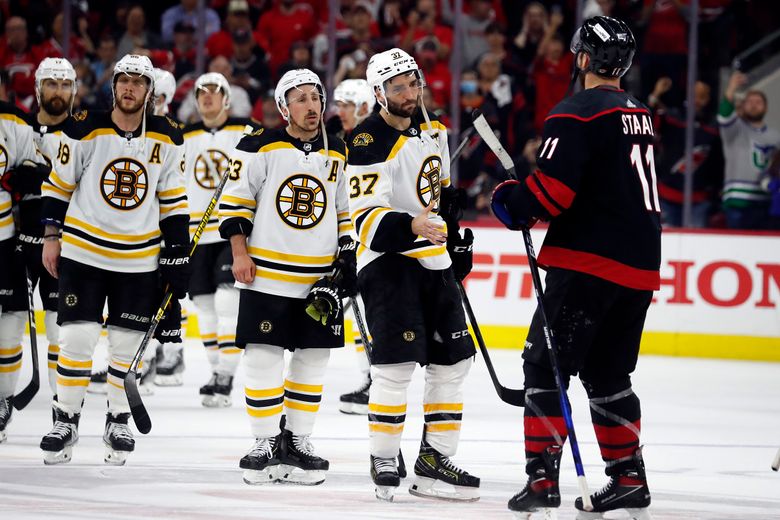 Brad Marchand & Patrice Bergeron Hug During Bergeron's Final