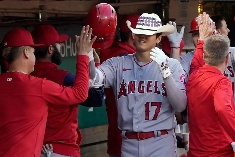 Los Angeles Angels designated hitter Shohei Ohtani wears a jersey