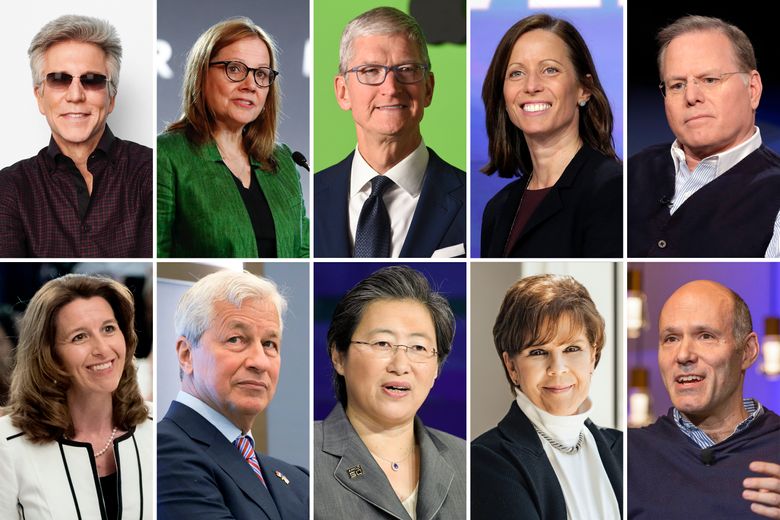 This combination photo shows the highest-paid male and female CEOs in the S&P 500 index for 2021, as calculated by The Associated Press and Equilar, an executive data firm. Top row, from left: Bill McDermott of ServiceNow, Mary Barra of General Motors, Tim Cook of Apple, Adena Friedman of Nasdaq, and David Zaslav of Warner Bros. Discovery. Bottom row, from left: Kathy Warden of Northrop Grumman, Jamie Dimon of JPMorgan Chase, Lisa Su of Advanced Micro Devices, Phebe Novakovic of General Dynamics, and Peter Kern of Expedia Group. The median pay package for the CEOs of the biggest U.S. companies rose 17.1% in 2021 as the economy rebounded and company profits and stock prices jumped. (AP Photo)