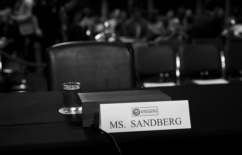 FILE – A name card for Sheryl Sandberg, then the chief operating officer of Facebook, before she testified at a Senate hearing in Washington, Sept. 4, 2018. When Sandberg, 52, said that she would step down from Meta, she crystallized an unspoken change at the tech giant: Mark Zuckerberg no longer has any clear No. 2. (Eric Thayer/The New York Times) 