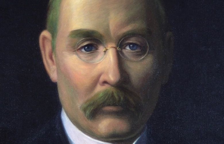 Bush painted this portrait of Justice James Reavis (who served on the state Supreme Court from 1897-1905) shortly before she left Seattle for Sierra Madre. The painting has hung at the Temple of Justice for over a century. This is a detail from an oil on canvas portrait that measures 32 by 26 inches. Credit: Alyssa Combs / Courtesy Washington State Supreme Court.