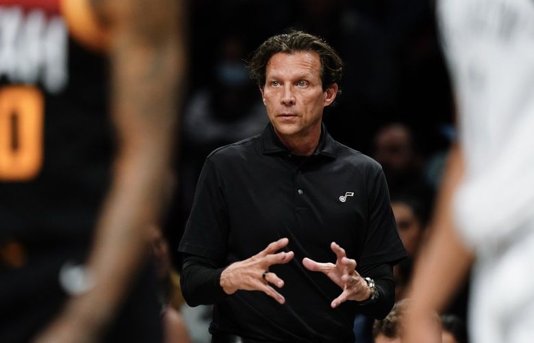 FILE – Utah Jazz head coach Quin Snyder gestures to his team during the second half of an NBA basketball game against the Brooklyn Nets, March 21, 2022, in New York. Snyder resigned Sunday, June 5, 2022, as coach of the Jazz, ending an eight-year run where the team won nearly 60% of its games but never got past the second round of the playoffs. (AP Photo/Frank Franklin II, File) NY901 NY901