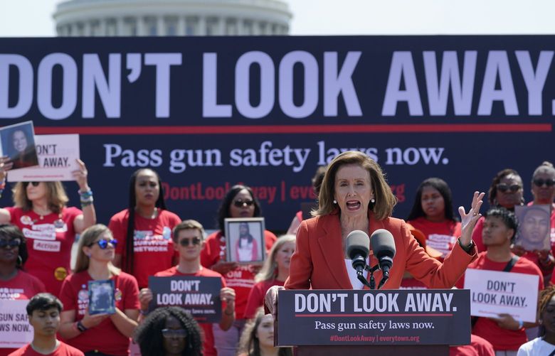 House Speaker Nancy Pelosi of Calif., speaks during a protest near Capitol Hill in Washington, Wednesday, June 8, 2022, sponsored by Everytown for Gun Safety and its grassroots networks, Moms Demand Action and Students Demand Action. Protesters are demanding that Congress act on gun safety issues. (AP Photo/Susan Walsh) DCSW115 DCSW115