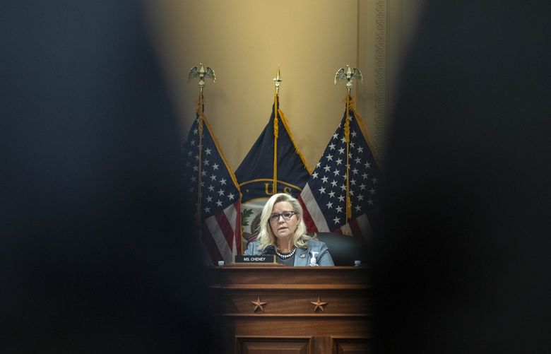 FILE — Rep. Liz Cheney (R-Wyo.) during a hearing in Washington, March 28, 2022. What Republicans consider her sins have made Cheney a pivotal ally for Democrats, who handed her a leading role as the vice chair of the select committee investigating the Jan. 6 attack. (Jason Andrew/The New York Times) XNYT253 XNYT253