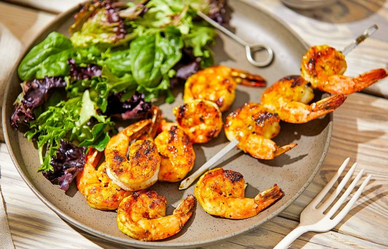 Grilled Shrimp Skewers With Ginger and Turmeric. MUST CREDIT: Photo by Tom McCorkle for The Washington Post.