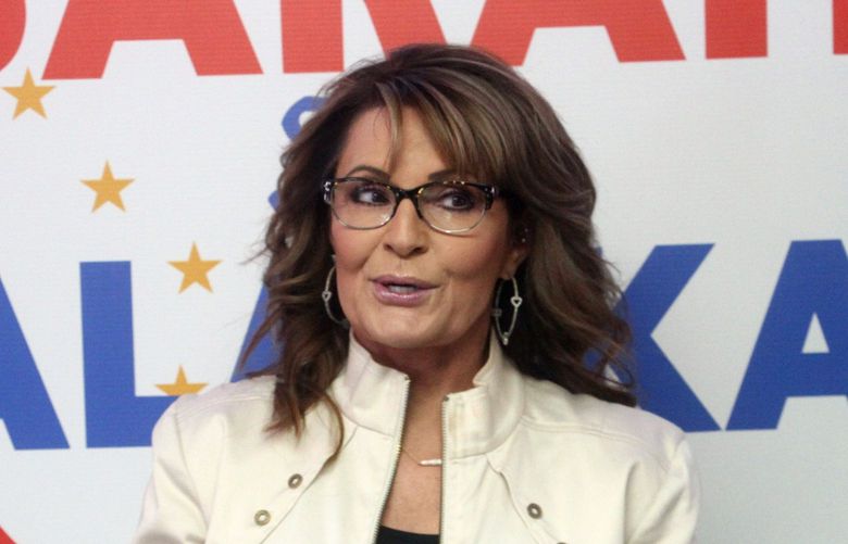 FILE – Former Alaska Gov. Sarah Palin addresses supporters at the opening of her new campaign headquarters in Anchorage, Alaska, on Wednesday, April 20, 2022. Voters are whittling down the list of 48 candidates running for Alaska’s only U.S. House seat, with the top four vote-getters in a special primary on Saturday, June 11, advancing to an August special election. (AP Photo/Mark Thiessen,File) LA631 LA631