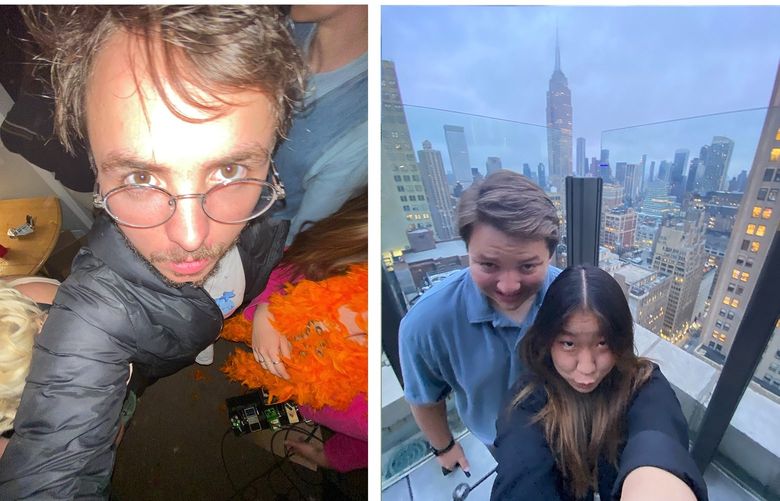 — EDS. NOTE: MUST BE USED AS-IS, NO CROPPING —A collection of 0.5 selfies (pronounced “point five” selfies, and not “half” selfies) provided by Julia Herzig, Hannah Kaplon, Rebecca Worth, Soul Park and Alessandro Uribe-Rheinbolt. These selfies, taken with an ultra-wide-angle lens, aren’t fussed over. Sometimes they are just “distorted and crazy.” (via The New York Times) — NO SALES; FOR EDITORIAL USE ONLY WITH NYT STORY SLUGGED ULTRA WIDE SELFIE BY KALLEY HUANG FOR JUNE 23, 2022. ALL OTHER USE PROHIBITED. —