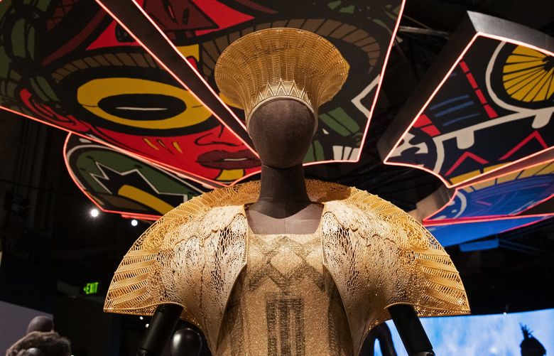 The costume that Angela Bassett wore as Queen Ramonda in “Black Panther” is on display at MoPOP’s exhibit “Ruth E. Carter: Afrofuturism in Costume Design,” Thursday, June 16, 2022 in Seattle.