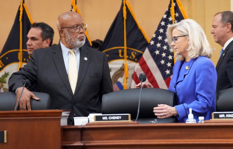 From left, Rep. Bennie Thompson (D-Miss.), chairman of the House Select Committee to Investigate the Jan. 6 Attack, and Rep. Liz Cheney (R-Wyo.), the comittee’s vice chair, await the start of the committee’s first public hearing in Washington on Thursday night, June 9, 2022. The committee opened a landmark set of hearings on Thursday by showing video of aide after aide to former President Donald Trump testifying that his claims of a stolen election were false, as the panel laid out in meticulous detail the extent of the former president’s efforts to keep himself in office. (Doug Mills/The New York Times) XNYT2 XNYT2