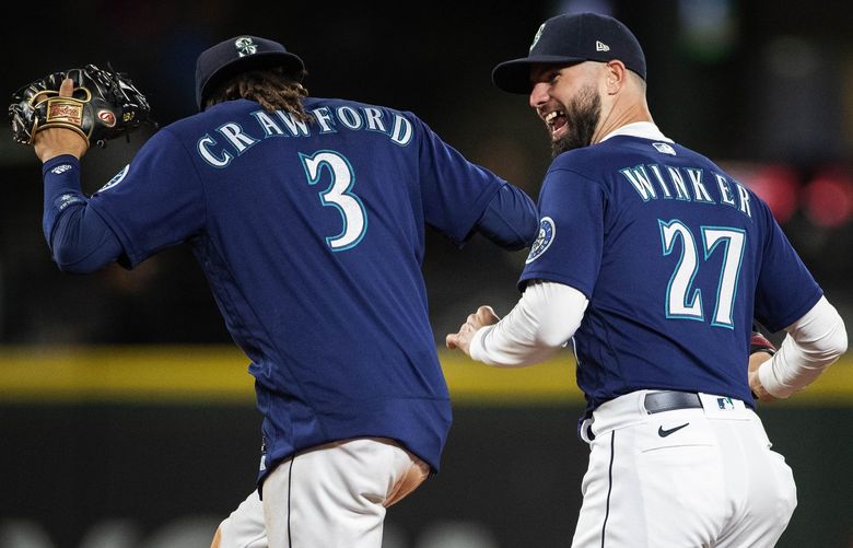 Jesse Winker and J.P. Crawford dance a jig after Seattle defeated Baltimore 2-0 on Winker’s 2-run double in the eighth that scored Crawford and Julio Rodriguez.

The Baltimore Orioles played the Seattle Mariners in Major League Baseball Tuesday, June 28, 2022 at T-Mobile Park, in Seattle, WA. 220834