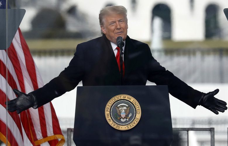 U.S. President Donald Trump speaks at a rally on the Ellipse on Wednesday, Jan. 6, 2021, near the White House in Washington, D.C., shortly before his supporters stormed the U.S. Capitol. (Yuri Gripas/Abaca Press/TNS) 51756030W 51756030W