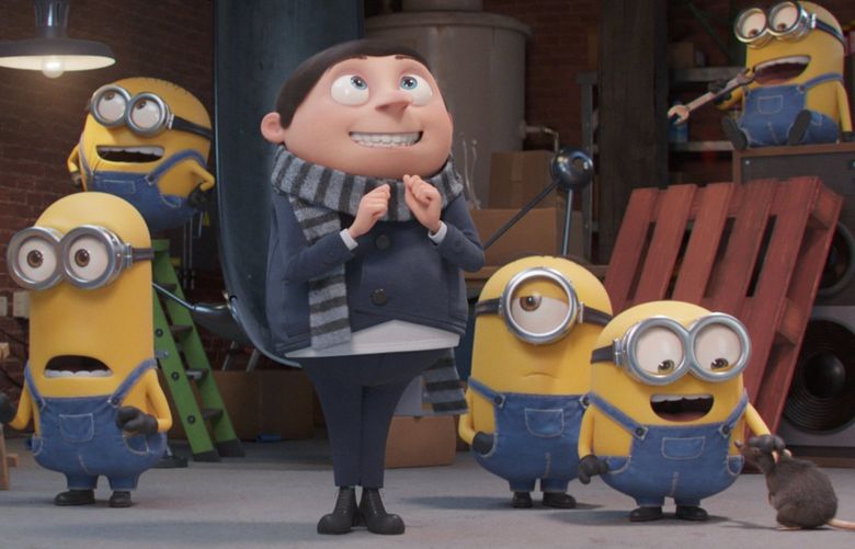 Minions Kevin and Otto, Gru (Steve Carell) and Minions Stuart and Bob in “Minions: The Rise of Gru.”