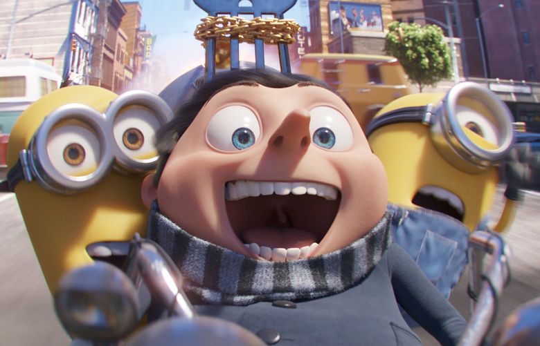 This image released by Universal Pictures shows characters, from left, Kevin, Gru, voiced by Steve Carell, and Stuart in a scene from “Minions: The Rise of Gru.” (Illumination Entertainment/Universal Pictures via AP) NYET802 NYET802