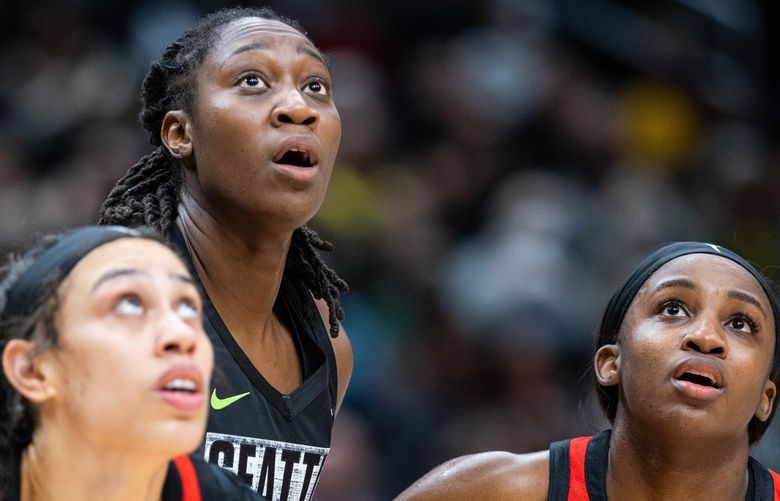 Las Vegas blocks out Tina Charles in the lane in the first half.

The Las Vegas Aces played the Seattle Storm in WNBA Basketball Wednesday, June 29, 2022 at Climate Pledge Arena, in Seattle, WA. 220832