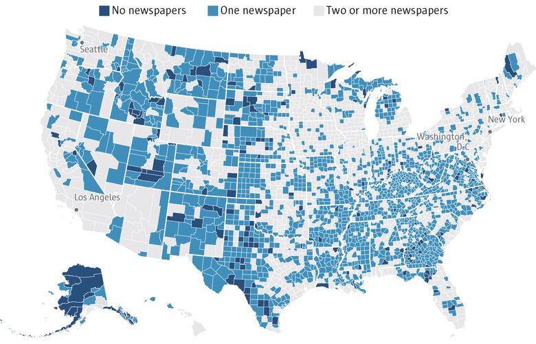 The U.S. lost more than a fourth of its newspapers since 2005, leaving 70 million residents in counties with no local news outlet, or one at risk, with only a single outlet and limited access to critical news, according to a new report by Northwestern University’s Medill School. (Medill Local News Initiative)